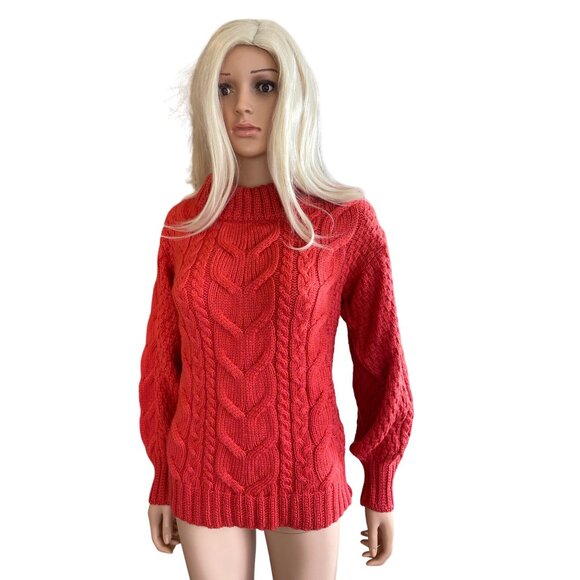 NWT Aran Woollen Mills Red Cable-knit Crew Neck Merino Sweater S Balloon Sleeves - Picture 14 of 14